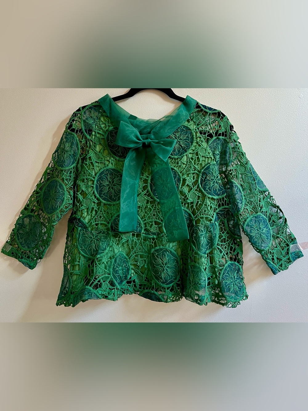 MISSLOOK Emerald Green Lace BoatNeck Long sleeve Top A Line Bow Swingy MED - Picture 2 of 15